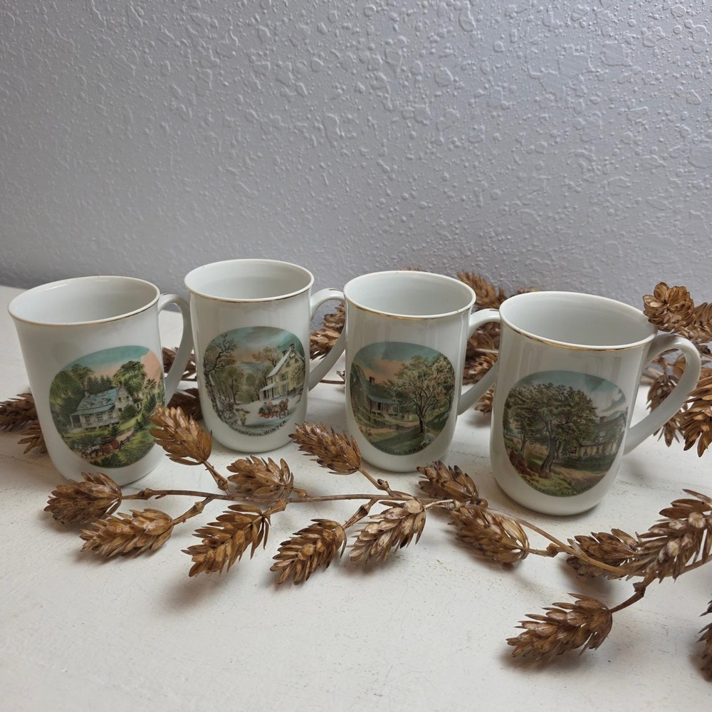 Vintage Currier and Ives‎ Four Seasons Mugs Set of 4 Cottagecore Farmhouse Decor